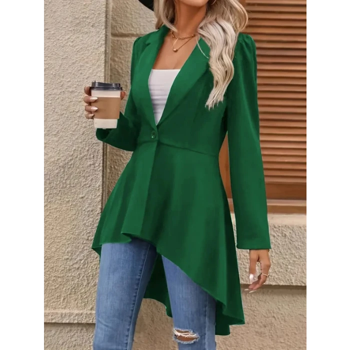 Kadın Uzun Kollu Yakalı Önden Düğmeli Uzun Atlas Blazer Ceket