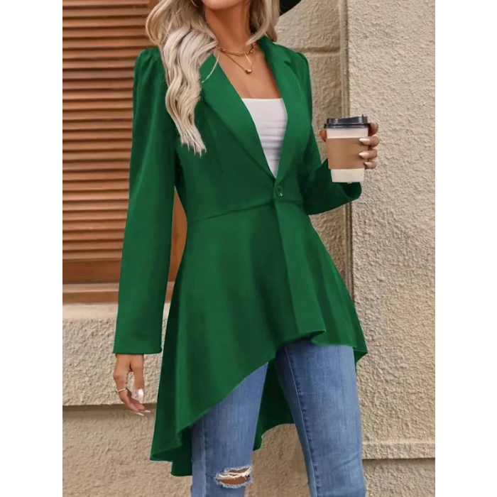 Kadın Uzun Kollu Yakalı Önden Düğmeli Uzun Atlas Blazer Ceket