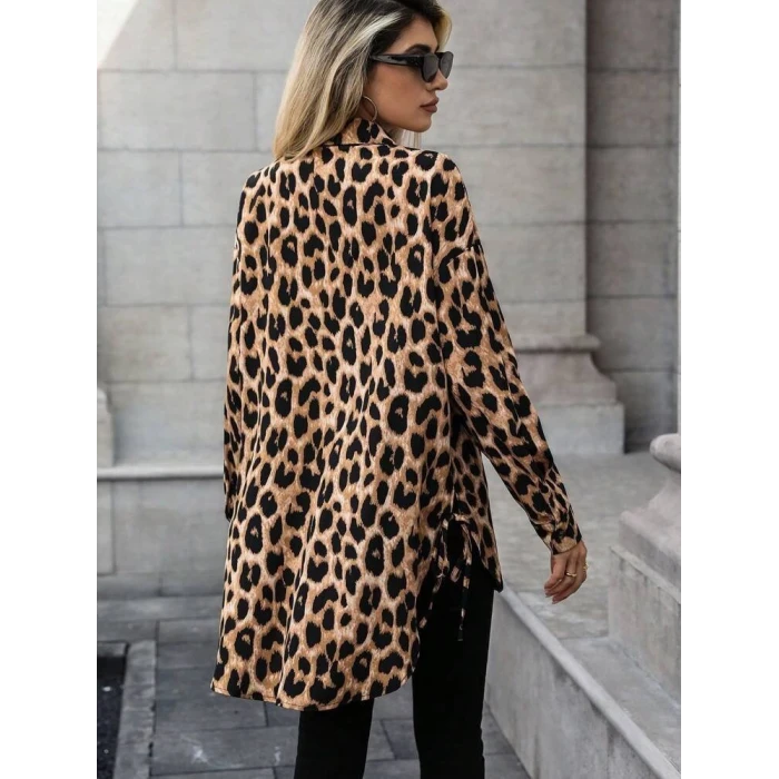 Kadın Uzun Kollu Yakalı Önden Düğmeli Yandan Bağcıklı Leopar Desenli Modal Bluz