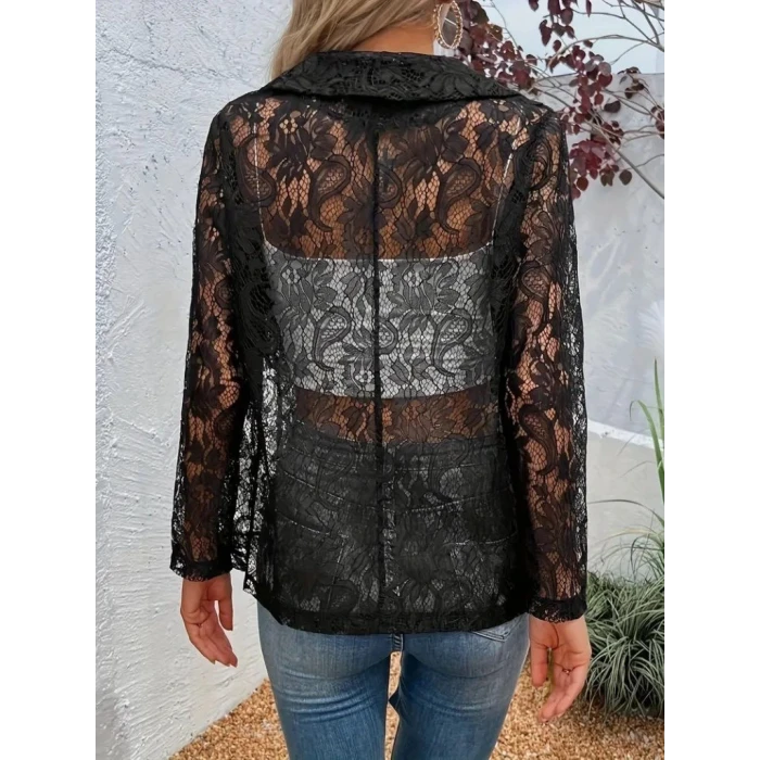 Kadın Uzun Kollu Yakalı Önü Açık Dantelli Ceket