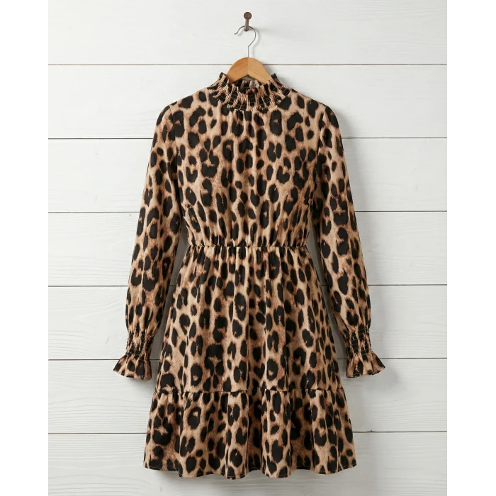 Kadın Uzun Kollu Yarı Balıkçı Yaka Leopar Desenli Modal Mini Elbise