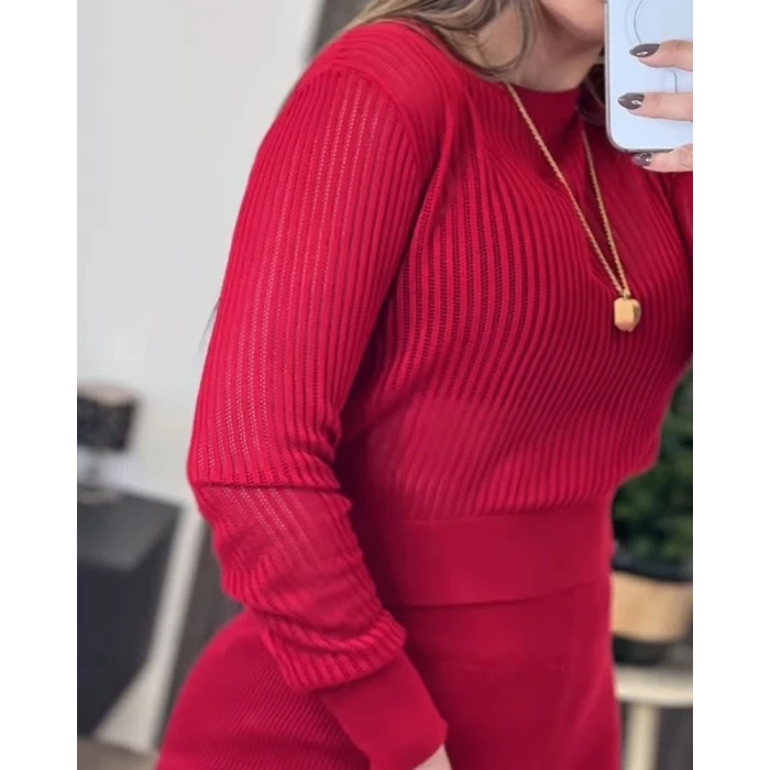Kadın Uzun Kollu Yuvarlak Yaka Transparan Detaylı Triko Bluz Ve Pantolon İkili Takım