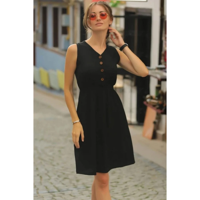 Kadın V Yakalı Önden Düğme Detay Beli Lastikli Keten Kısa Elbise