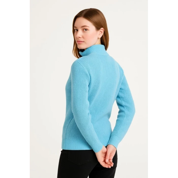Kadın Yarım Fermuarlı Triko Kazak – Selanik Örgü, Dik Yaka, Pamuklu Dokuma, Oversize Uzun Kollu Kışlık Model - Bebe Mavisi