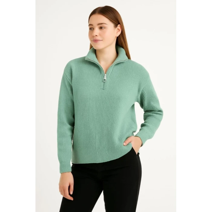 Kadın Yarım Fermuarlı Triko Kazak – Selanik Örgü, Dik Yaka, Pamuklu Dokuma, Oversize Uzun Kollu Kışlık Model - Mint Yeşili