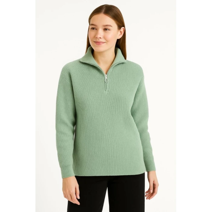 Kadın Yarım Fermuarlı Triko Kazak – Selanik Örgü, Dik Yaka, Pamuklu Dokuma, Oversize Uzun Kollu Kışlık Model - Mint Yeşili