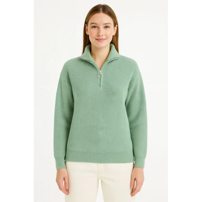 Kadın Yarım Fermuarlı Triko Kazak – Selanik Örgü, Dik Yaka, Pamuklu Dokuma, Oversize Uzun Kollu Kışlık Model - Mint Yeşili