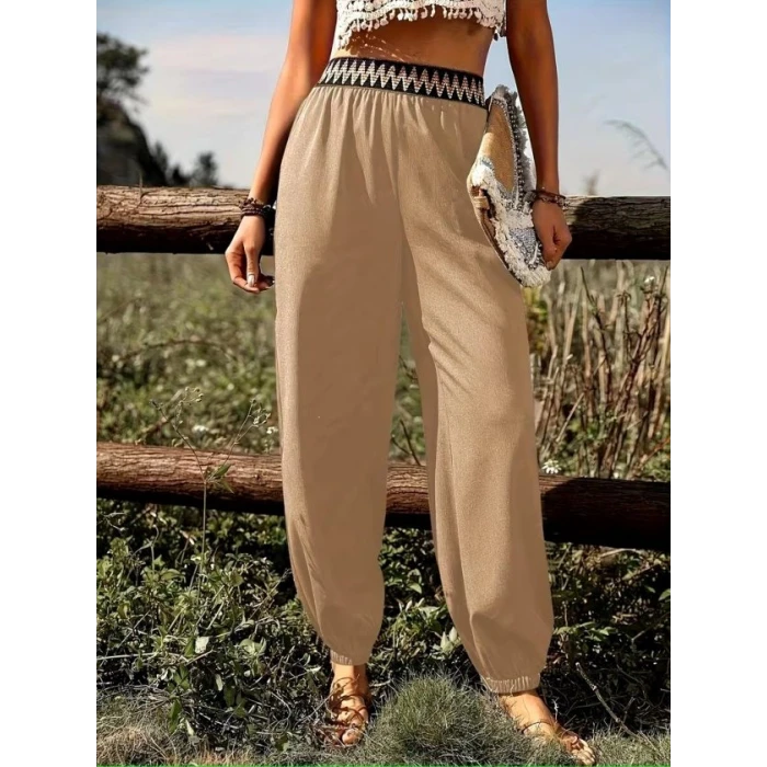 Kadın Yüksek Bel Beli Lastikli Dökümlü Ve Beli Şeritli Pera Pantolon