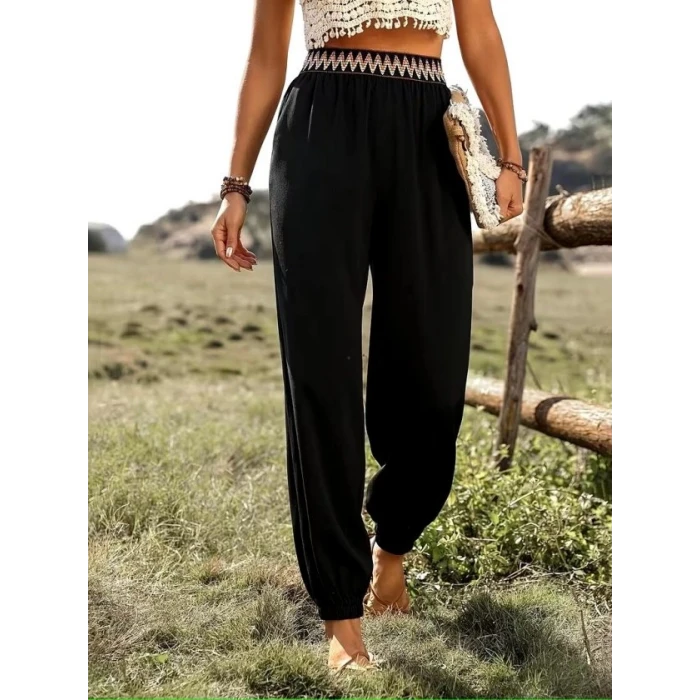 Kadın Yüksek Bel Beli Lastikli Dökümlü Ve Beli Şeritli Pera Pantolon