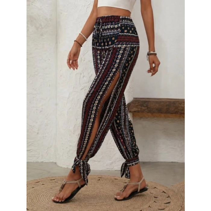 Kadın Yüksek Bel Desenli Paçadan Bağlamalı Yanları Yırtmaçlı Süprem Pantolon