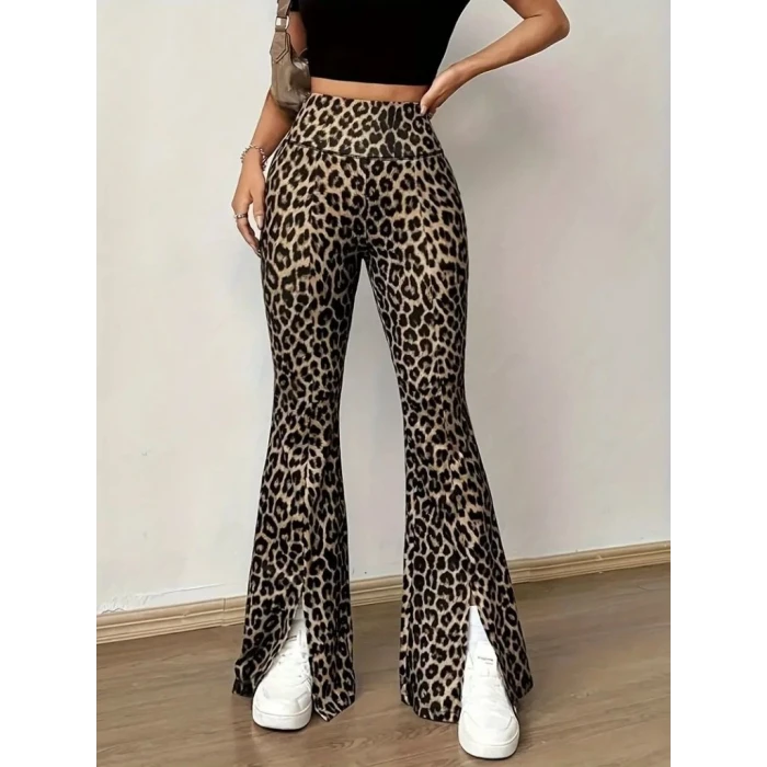 Kadın Yüksek Bel Leopar Desenli Yırtmaçlı Dalgıç Tayt