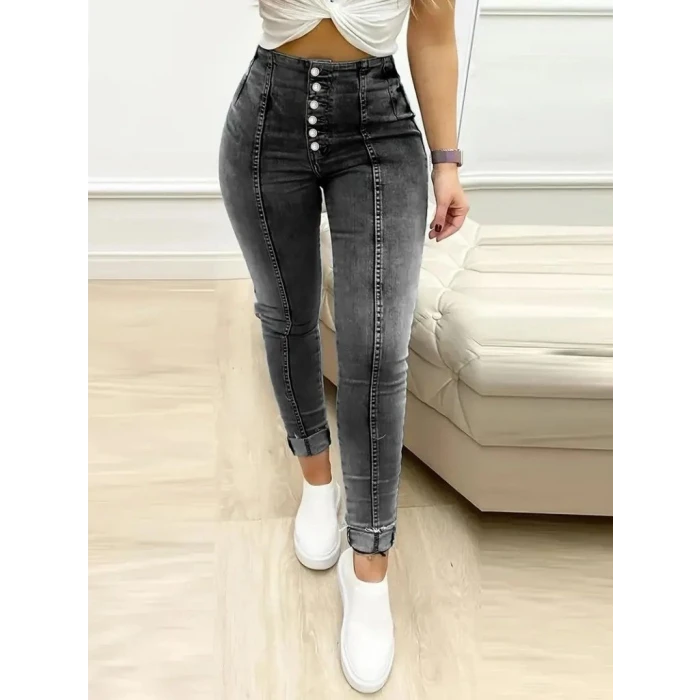Kadın Yüksek Bel Önden Düğmeli Jean Pantolon
