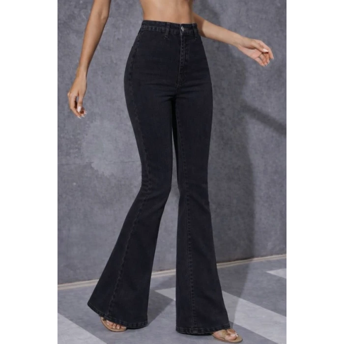 Kadın Yüksek Bel Tek Düğmeli Paçaya Doğru Genişleyen Kot Pantolon