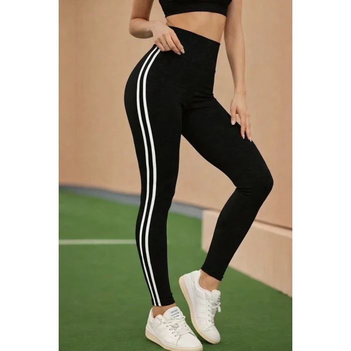 Kadın Yüksek Bel Yanları Şerit Detaylı Uzun Sporcu Tayt