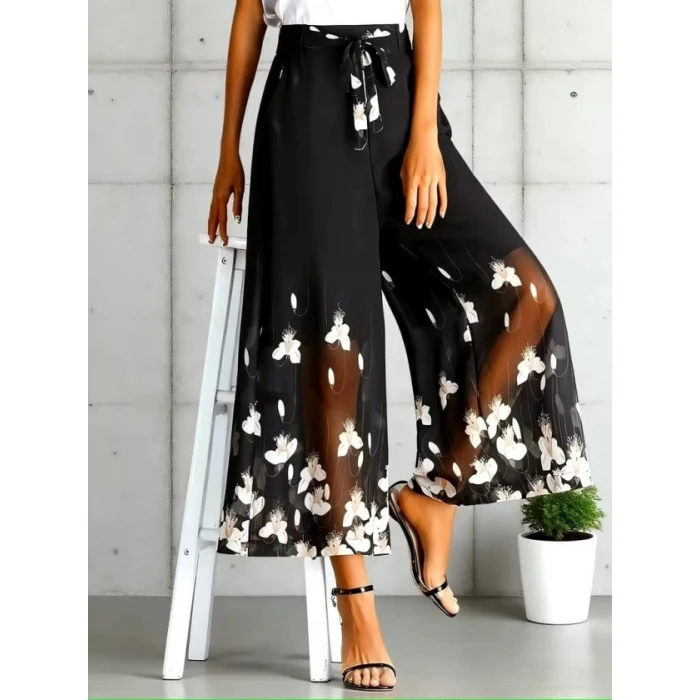 Kadın Yüksel Bel Belinde Kuşak Detaylı Çiçek Baskılı Astarlı Şifon Pantolon