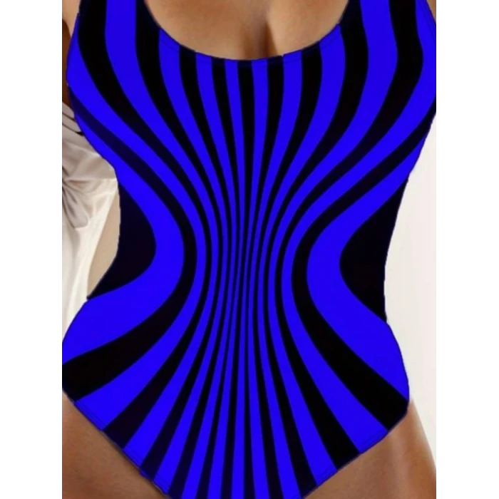 Kadın Yuvarlak Yaka Askılı Zebra Desen Baskılı Dalgıç Mayo