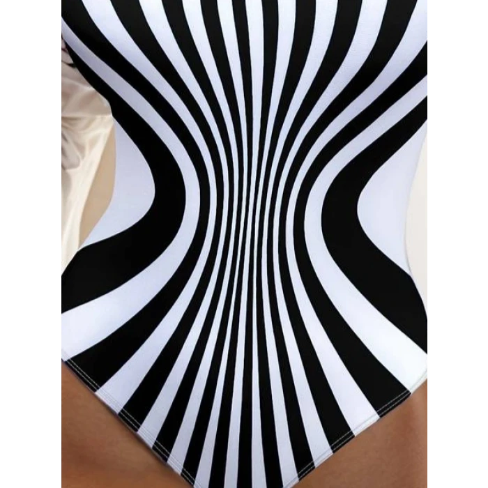 Kadın Yuvarlak Yaka Askılı Zebra Desen Baskılı Dalgıç Mayo