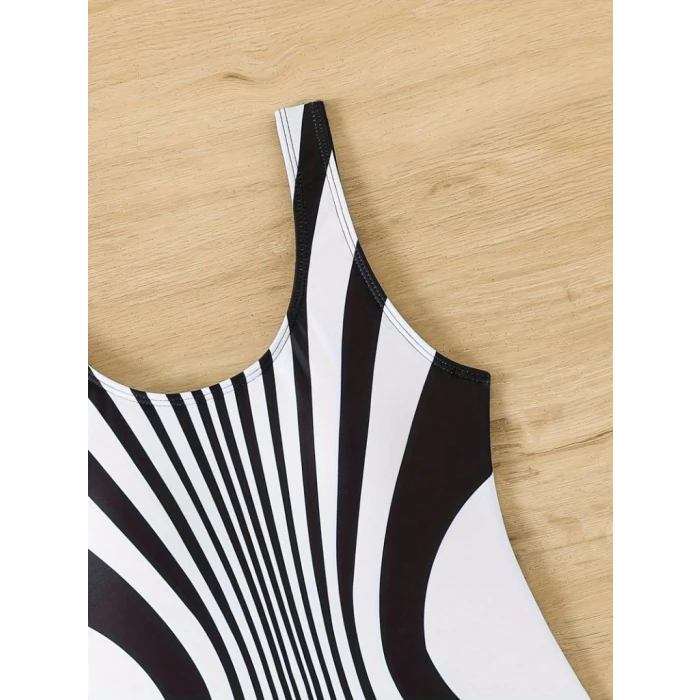 Kadın Yuvarlak Yaka Askılı Zebra Desen Baskılı Dalgıç Mayo