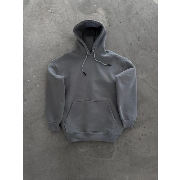 Kapşonlu Üç İplik Penye Basic Sweatshirt - Boyalı Gri