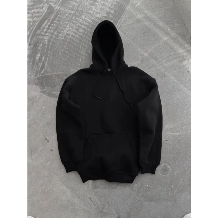 Kapşonlu Üç İplik Penye Basic Sweatshirt - Siyah