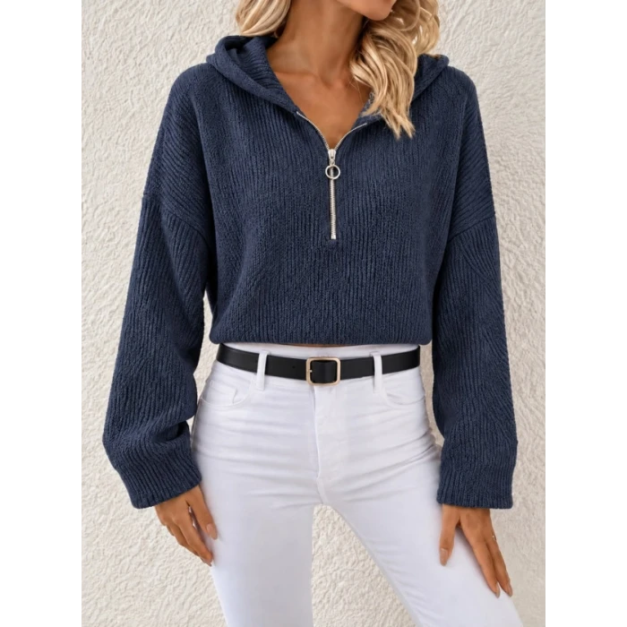 Kapüşonlu Fermuarlı Dokulu Sweatshirt