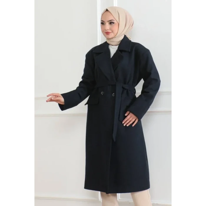 Kaşe Kaban Uzun Boy Kruvaze Yaka Kuşaklı Tesettür Kaşe Kaban Astarlı - Lacivert