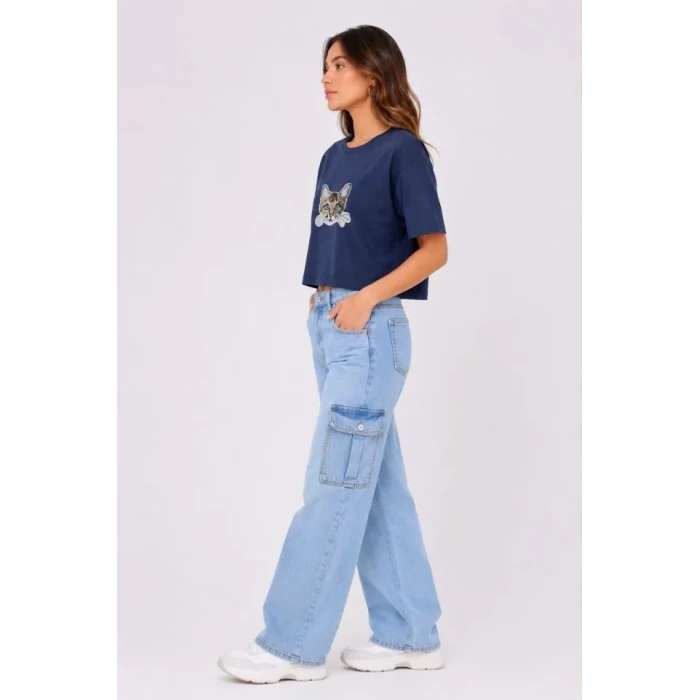 Kedi Baskılı Oversize Crop Tişört Salaş Basic Yarım Kol T-shirt - Lacivert