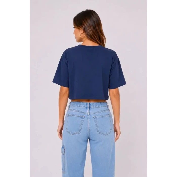 Kedi Baskılı Oversize Crop Tişört Salaş Basic Yarım Kol T-shirt - Lacivert