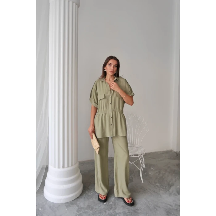 Keten Belden Büzgü Detaylı Gömlek - Pantolon Takım - Yeşil