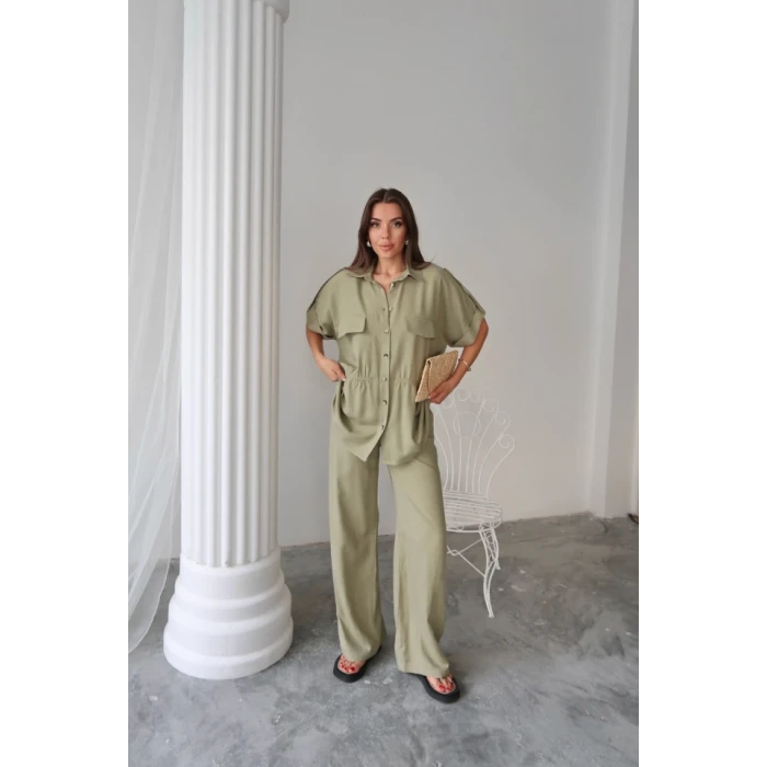 Keten Belden Büzgü Detaylı Gömlek - Pantolon Takım - Yeşil