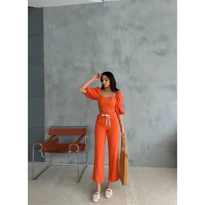 Keten Crop Karpuz Kol Bluz-pantolon Hasır Kemerli - Orange