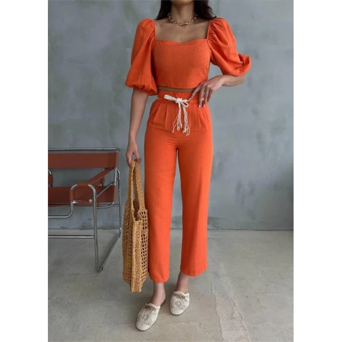 Keten Crop Karpuz Kol Bluz-pantolon Hasır Kemerli - Orange