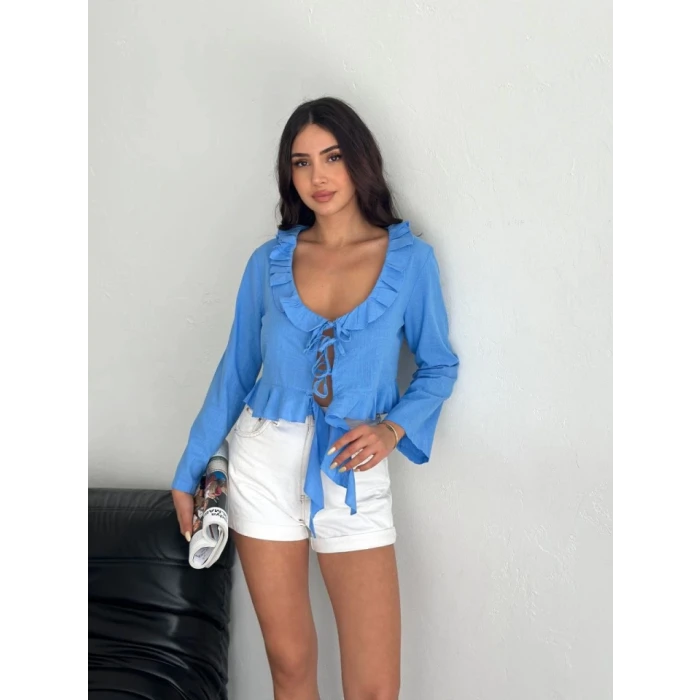 Keten Uzun Kol Bağacık Detaylı Bluz - Mavi