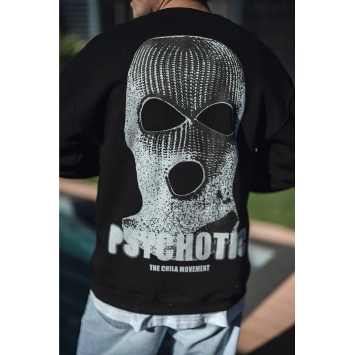 Kışlık Bisiklet Yaka Baskılı Sweatshirt - Siyah