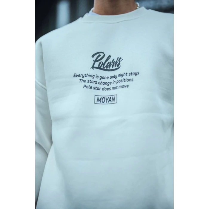 Kışlık Bisiklet Yaka Ön Ve Arka Baskılı Sweatshirt - Beyaz
