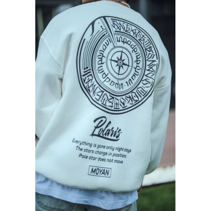 Kışlık Bisiklet Yaka Ön Ve Arka Baskılı Sweatshirt - Beyaz