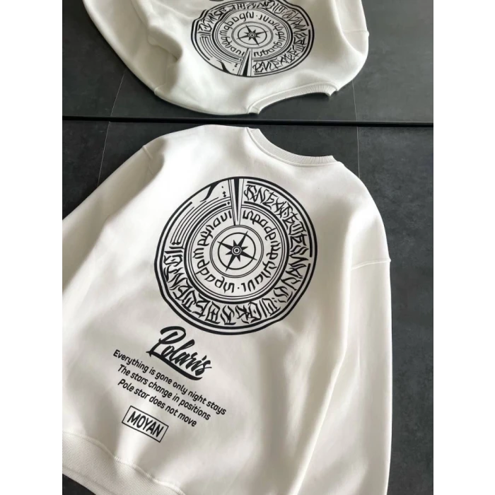 Kışlık Bisiklet Yaka Ön Ve Arka Baskılı Sweatshirt - Beyaz