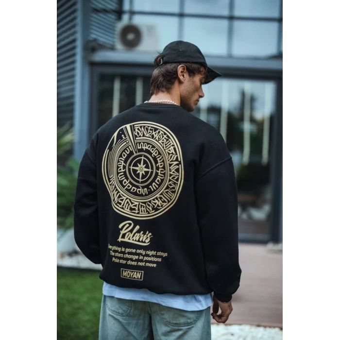 Kışlık Bisiklet Yaka Ön Ve Arka Baskılı Sweatshirt - Siyah