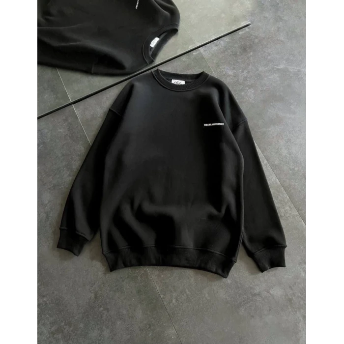 Kışlık Bisiklet Yaka Oversize Baskılı Sweatshirt - Siyah