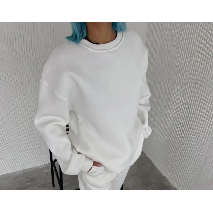 Kışlık Bisiklet Yaka Üç İplik Basic Sweatshirt - Beyaz