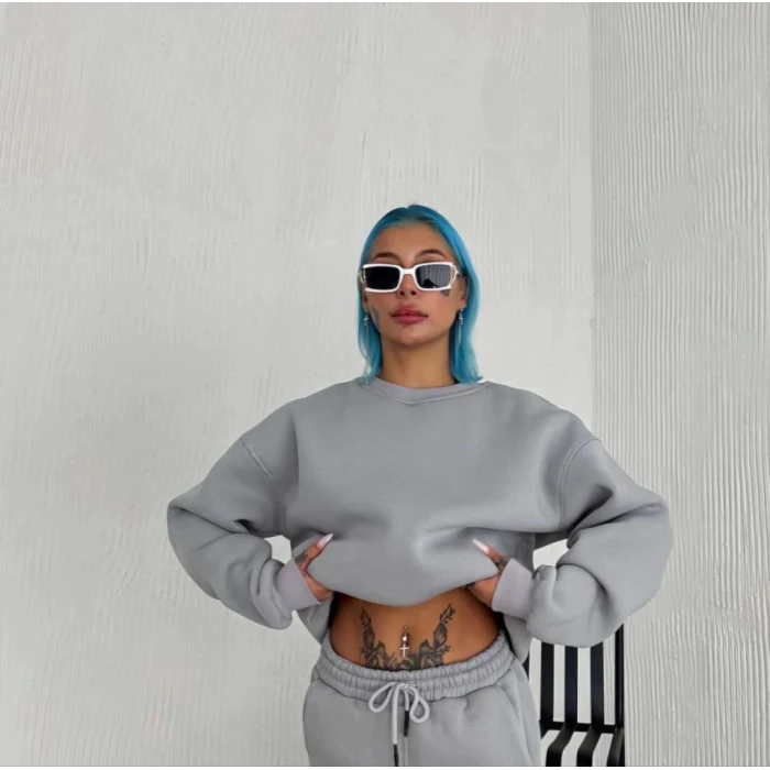 Kışlık Bisiklet Yaka Üç İplik Basic Sweatshirt - Gri