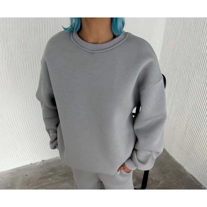 Kışlık Bisiklet Yaka Üç İplik Basic Sweatshirt - Gri