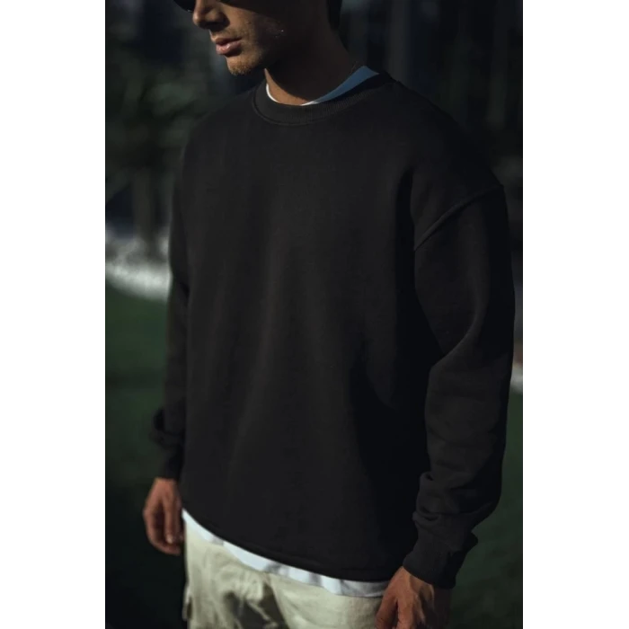 Kışlık Bisiklet Yaka Üç İplik Basic Sweatshirt - Siyah