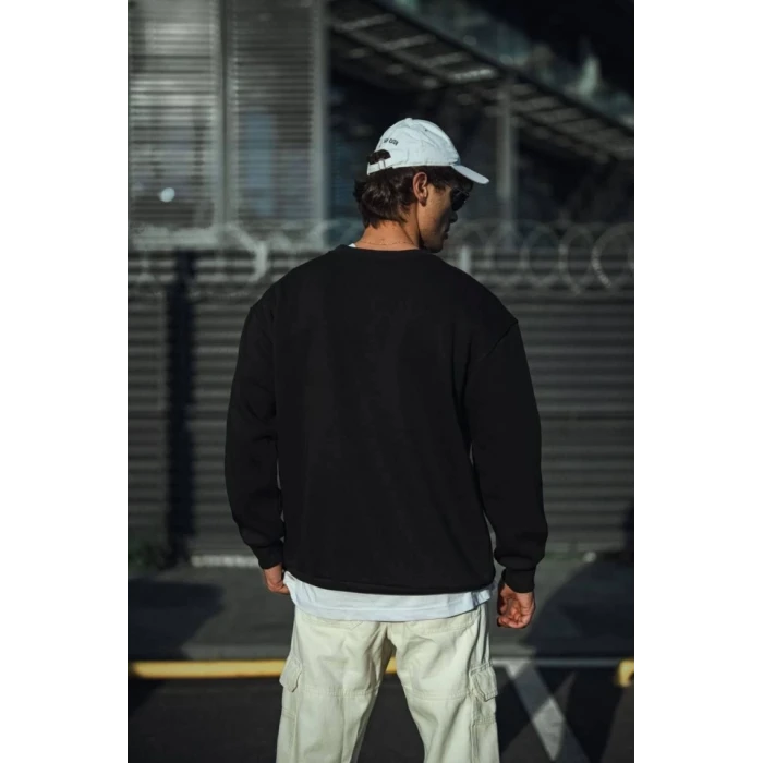 Kışlık Bisiklet Yaka Üç İplik Basic Sweatshirt - Siyah