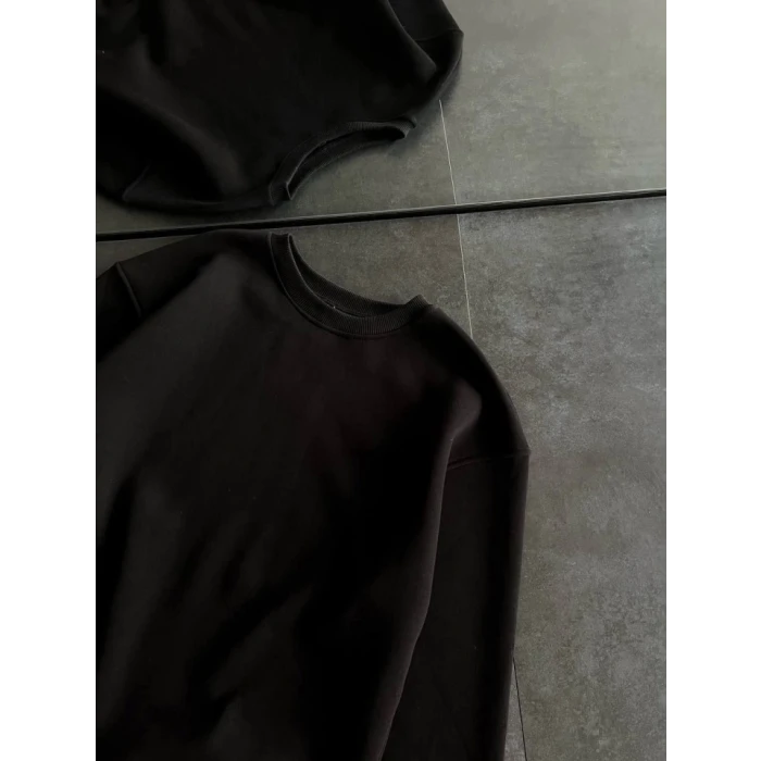 Kışlık Bisiklet Yaka Üç İplik Basic Sweatshirt - Siyah