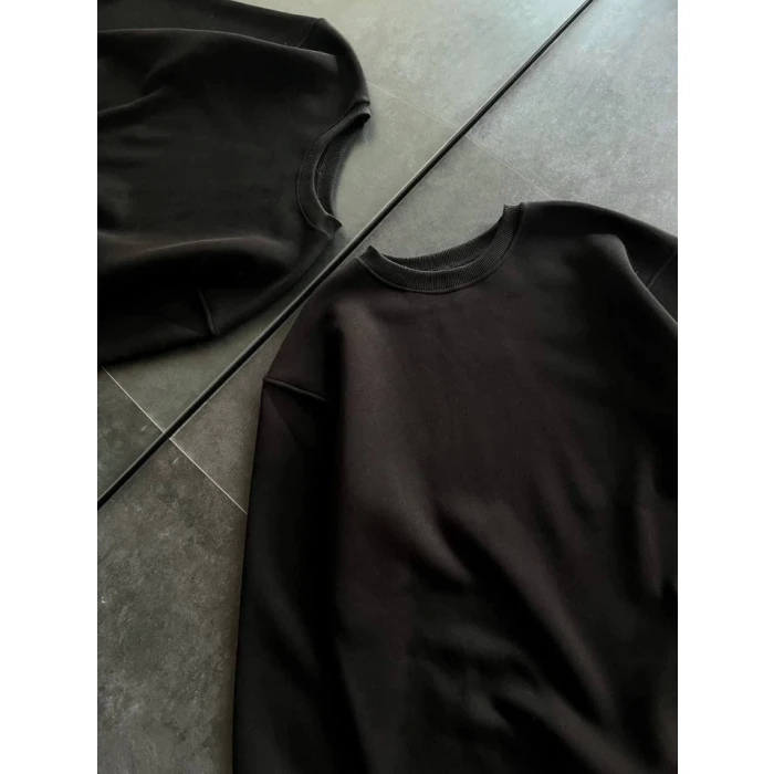 Kışlık Bisiklet Yaka Üç İplik Basic Sweatshirt - Siyah