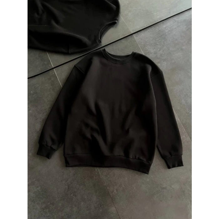 Kışlık Bisiklet Yaka Üç İplik Basic Sweatshirt - Siyah