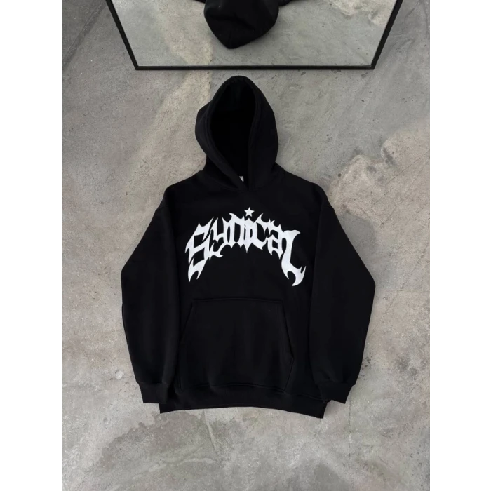 Kışlık Kapşonlu Baskılı Oversize Sweatshirt- Siyah