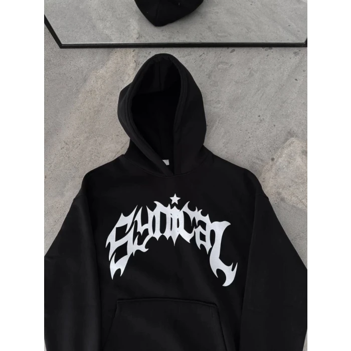Kışlık Kapşonlu Baskılı Oversize Sweatshirt- Siyah