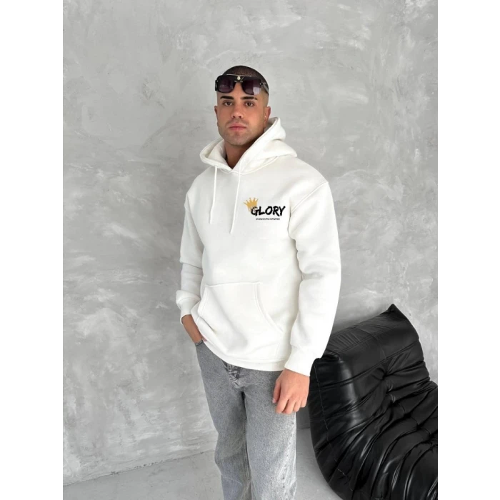 Kışlık Üç İplik Kapşonlu Sweatshirt - Beyaz